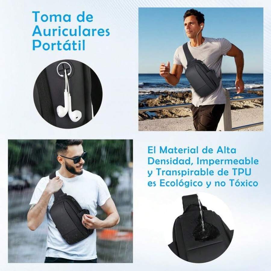 Mochila cruzada para hombres impermeable, ligera, con puerto para auriculares, mochila cruzada, bolsa para hombres, viajes, actividades al aire libre, negra - 1 - Ver 1