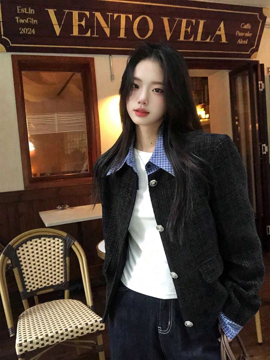 韩版温柔新款外套单排扣二合一外套修身优雅长袖上衣女开衫秋季 - 黑色 - 查看 1