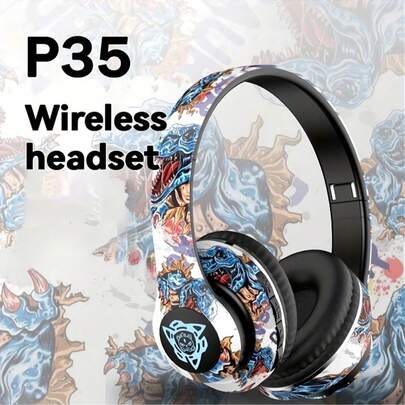 Auriculares inalámbricos con diseño de graffiti, orejeras de cobertura total para mayor comodidad, graves potentes, plegables y extensibles, adecuados para viajes, deportes o como regalo