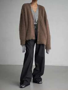 Plus Size Women's Solid Color Drop Shoulder Long Sleeve Single-Breasted Casual Cardigan, Elegant & Graceful Faux Fur Sweater, Coffee Color