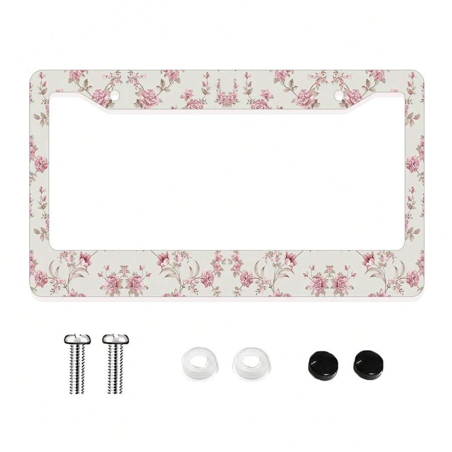1pc Pink Floral Pattern License Plate Frame, Aluminum Material, 6x12 Inches, With Screw Set, Car Accessories, 2 Hole Design High Quality Durable, Vintage Novelty Car Decoration, Meets US Car Standards - 12x6 inch - Xem 1