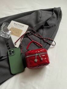 新款时尚经典多功能防水PU绗缝女士手提包，轻便易携，拉链闭合设计，心形拉链装饰斜挎圆盒包，零钱包，适合购物、旅行、通勤。 - 紅色 - 查看 6