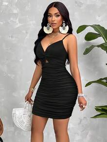 AIJ Amarilo Twist Strap Ruched Bodycon Dress (Random Floral Print) Black Summer Elegant - Black - View 5