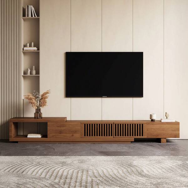 LumivoxNest Extendable TV Unit Walnut Effect 200-262cm | Large Storage With 2 Drawers & Cable Management | Telescopic Media Console Carbon Steel Legs Scandinavian Living Room