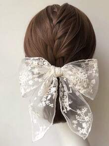 白色蕾丝蝴蝶结马尾发夹，简约优雅的女孩发饰，适合上学、大学等场合，蝴蝶结造型，可爱又时尚，适合冬季女性穿搭，发饰，头部饰品，女士发饰，爪夹，发卡 - 米色 - 查看 4