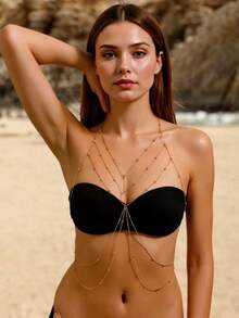 1 件性感时尚个性化多层珍珠胸链身体链，适合女性度假、派对、节日惊喜 - 金色 - 查看 1