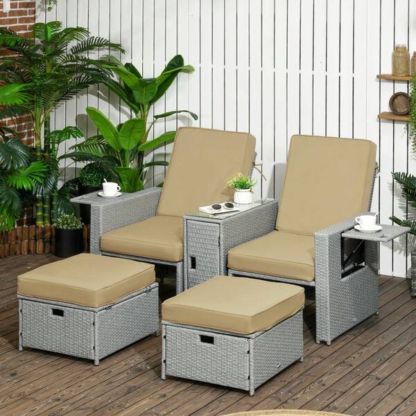 Outsunny 5PC PE Rattan Sun Lounger, Outdoor Wicker 5-Level Adjustable Recliner Sofa Bed With Storage Side Table And Footstools, For Patio, Garden, Poolside, Beige