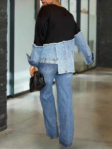 Magic Mia Women's Black Denim Patchwork Sweatshirt - Long Sleeve Crewneck With Raw Edge Hem & Side Slits | Loose Fit Casual Top For Streetwear And Daily Outfits - màu đen - Xem 4