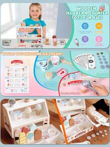 儿童木制冰淇淋柜台玩具套装，幼儿女孩玩具厨房玩具套装过家家礼物，适合 3 4 5 6 岁女孩或男孩，食物舀取和盛放玩具，适合 3-8 岁儿童的玩具厨房套装