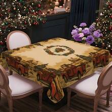 1pc Christmas Reindeer & "Merry Christmas" Printed Tablecloth, Holiday Dining Table Decor, Rectangular Polyester Material, Washable & Reusable, Suitable For Home, Restaurant, Living Room Gatherings, Christmas Theme Parties, Indoor/Outdoor Use - Multicolor - View 3