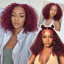 ownvmor 26 Inch 180Density Soft Black Kinky Curly Human Lace Wigs, 13*4*1 Lace Front Glueless Wigs For Women With Baby Hair Synthetic Heat Temperature Daily Cosplay Glueless Wig(Burgundy 99J) - 酒紅色 - 查看 8