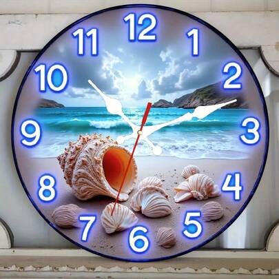 1 Neon Beach Wall Clock - Silent, Shell Decoration - Artificial Wood, Battery Operated (AA Batteries Not Included) - Suitable For Living Room, Bathroom, Terrace, Teacher's Day, Graduation Gift, Halloween - Modern Coastal Style Home Decoration, Shell Design, Durable Structure, Decorative Clock, Great Gift