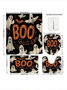 1 Set Ghost Halloween Print Shower Curtain - 1/4 Piece Shower Curtain Set With 12 Hooks - Waterproof, Non-Slip Bath Mat, Toilet Seat Cover And U-Shaped Carpet Bathroom Shower Curtain Set - Machine Washable Cartoon Bathroom Decor Curtain Set, This Is A Set Of Christmas Decorative Bathroom Supplies Suitable For All Seasons, And Is The Perfect Christmas And Halloween Gift Series For Friends And Family - Multicolor - View 6