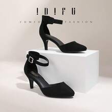 Women's IN3 D'Orsay Pumps Low Kitten Heels For Women Dress Shoes Pointed Closed Toe Wedding Bride Ankle Strap Dressy Silver Black Nude White Gold Heels For Women-2025 - 黑色絨面革 - 查看 4