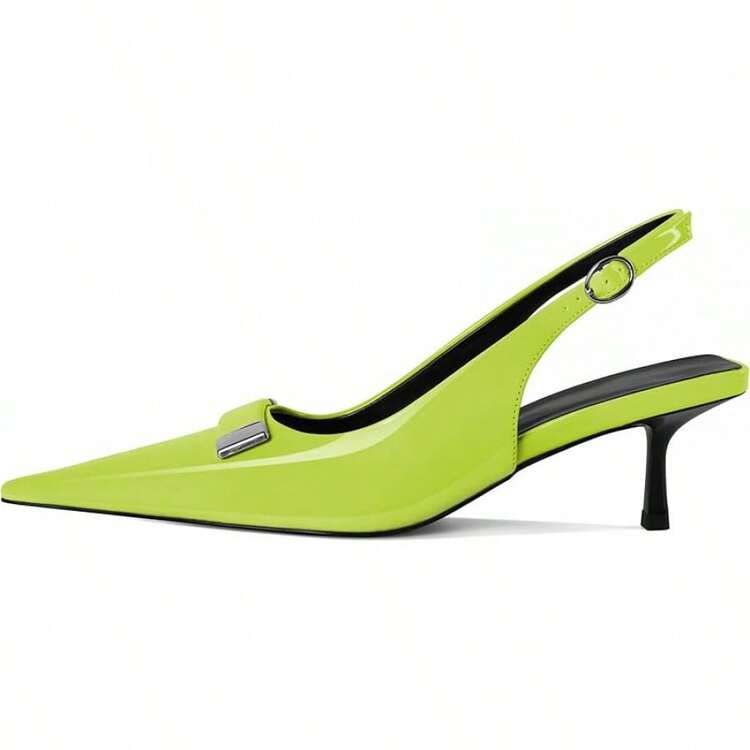 Women's Pointed Toe Slingback Heels Metal Buckle Ankle Strap Kitten Low Heel Pumps 2 Inch Stylish Retro Women Shoes-20256688 - Patent Light Green - View 3