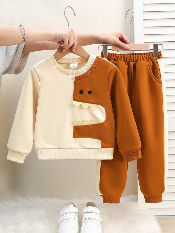 2pcs Boys Dinosaur Outfit, Long Sleeve Sweatshirt Top + Sweatpants Set, Outdoor Casual Suit, Autumn/Winter