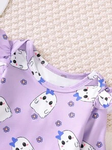 3pcs/Set Baby Girls' Halloween Ghost Print Purple Romper And Cute Ghost Face Embroidered Suspender Skirt Set, Essential Halloween Outfit - Purple - View 8