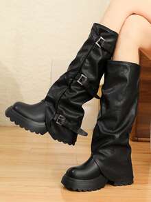 Damen Schwarze Kniehohe Stiefel, Runde Zehenkappe Dicke Sohle Reitstiefel, Modestiefel für Damen, Herbst/Winter