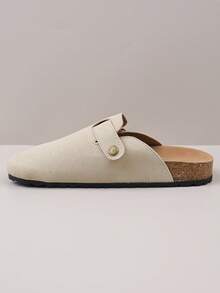 1 Pair Teenage Metal Buckle Decor Faux Suede Material Comfortable Slip-On Round Toe Low Heel Thick Soft Bottom Casual Slide Sandals, Suitable For Daily Wear