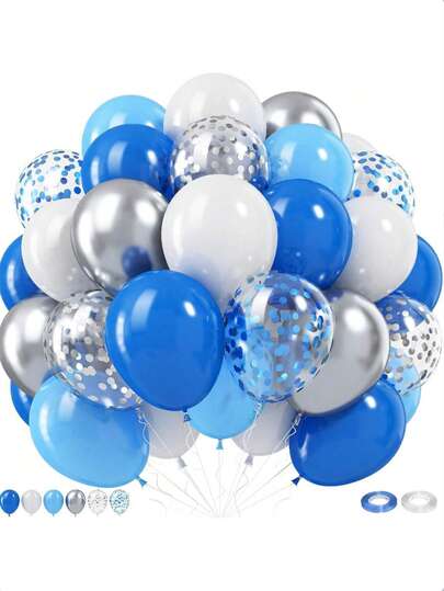 42个/包 蓝银色气球，10/12英寸蓝、银、白气球，带金属银蓝色亮片，乳胶氦气球，生日、婚礼、毕业典礼派对装饰