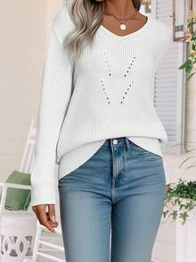 Womens Plus Size Knit Tops Fall Long Sleeve V Neck Solid Color Back Lace Patchwork Bow Decor Pullover Sweater - Blanco - Ver 5