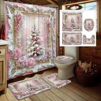 1/4pcs Christmas Happy Winter Decor Shower Curtain Set, Tree Floral Ball Vintage 3D-Like Pink Washable Christmas Bathroom Decor Gift, Includes 12pcs Hooks Non-Slip U-Shaped Toilet Seat Cover