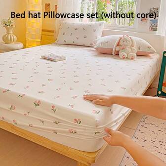 3 件简约数码印花柔软舒适床上用品套装，包括 1 件床笠和 2 件枕套，豹纹、心形、花朵、玫瑰图案，数码印花技术，清新风格床上用品套装适用于卧室、客房、特大号/大号/单人床，亲肤、透气、双面、四季皆宜，可机洗