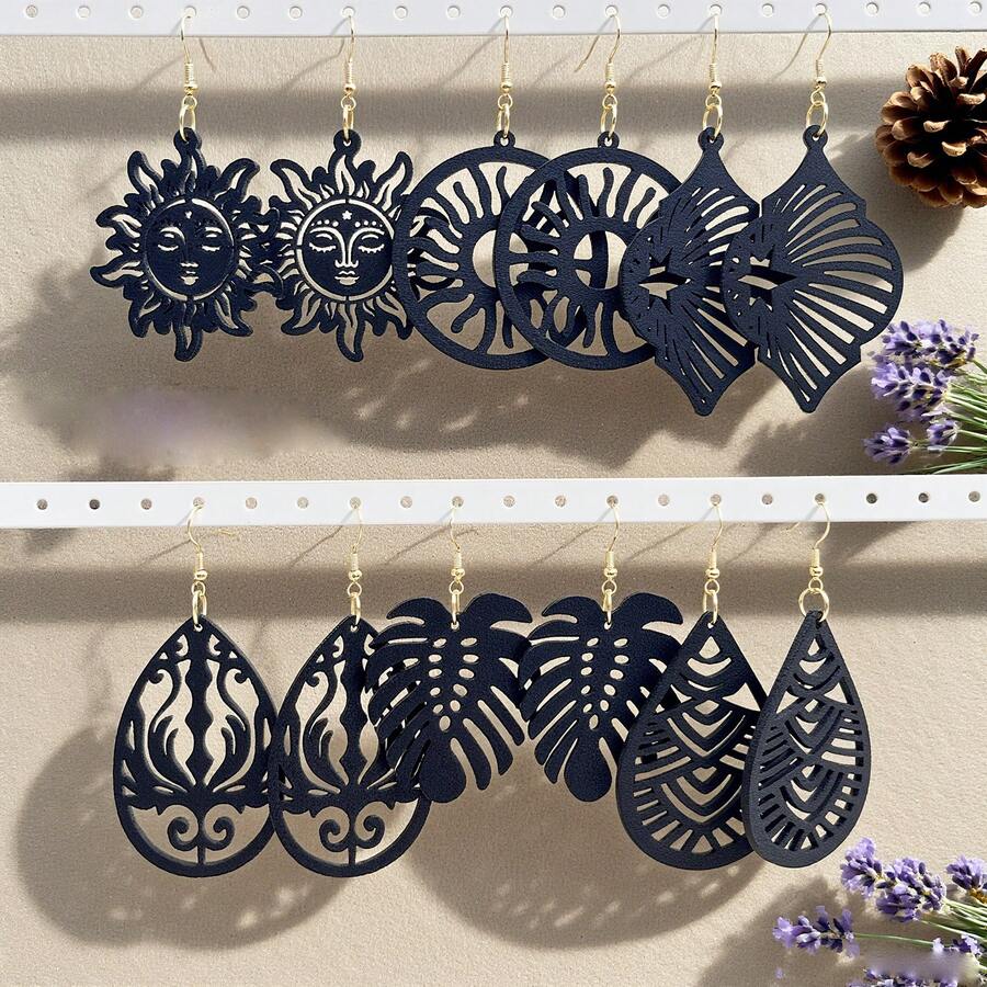 6 perechi de cercei cu pandantiv din lemn, stil boem vintage, design unic cu simboluri, textură naturală și formă artistică, întâlnire romantică, potriviți pentru petreceri și asortare zilnică, soare și model geometric distinctiv, cadou de bijuterii pentru femei, cercei la modă pentru toamnă/iarnă