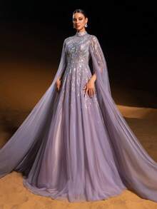 Faeriesty Haute Glamour Gorgeous Sheer Tulle Evening Gown With Cape Sleeves, Intricate Sparkly Beaded & Sequin Linear Geometric Patterns, Fitted Waist & A-Line Skirt | Glamorous Formal Design | Perfect For Red-Carpet Events, Wedding Guest Attire, Proms, And Upscale Evening Parties For Women