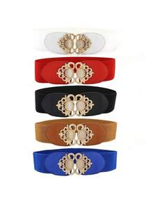 女士猫眼石弹性腰带，百搭宽金属花腰带 - 彩色 - 查看 1