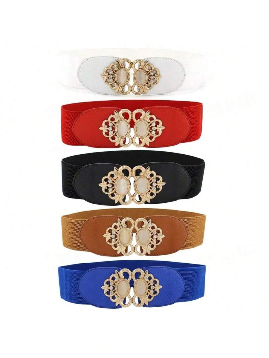 女士猫眼石弹性腰带，百搭宽金属花腰带 - 彩色 - 查看 1