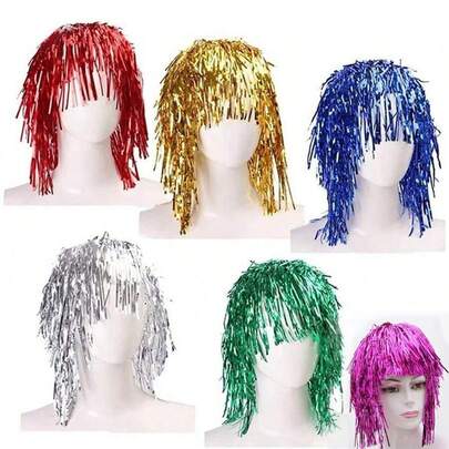 1 st/6 st metallfolieperuk (systraset), färgglad glitterperukhatt, discomaskeradperuk, folieglitterperuker kostym cosplay rolig glänsande hatt metalliska håraccessoarer för fest karneval, huvudbonader, dagliga festtillbehör, festivaltillbehör, hushållsartiklar, cool dekoration högtidsdekorationer
