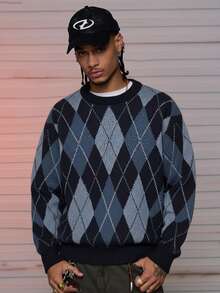 男士美式街头风针织毛衣，休闲宽松提花图案小众设计圆领套头衫，秋冬款 - 藍色 - 查看 1