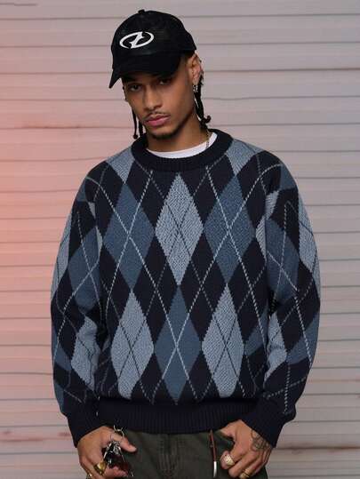 Jersey de hombre estilo callejero americano, suéter de punto casual y holgado con diseño de jacquard de nicho, cuello redondo, para otoño/invierno