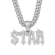1pc Alloy Rhinestone Letter Star Pendant Necklace With Cuban Chain, Unique Unisex Jewelry For Daily Wear