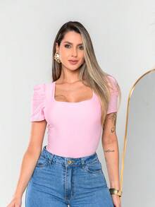 Women's Bodysuit Square Neckline Princess Sleeve Suplex Fabric Summer Fashion Style - 淺粉色 - 查看 7