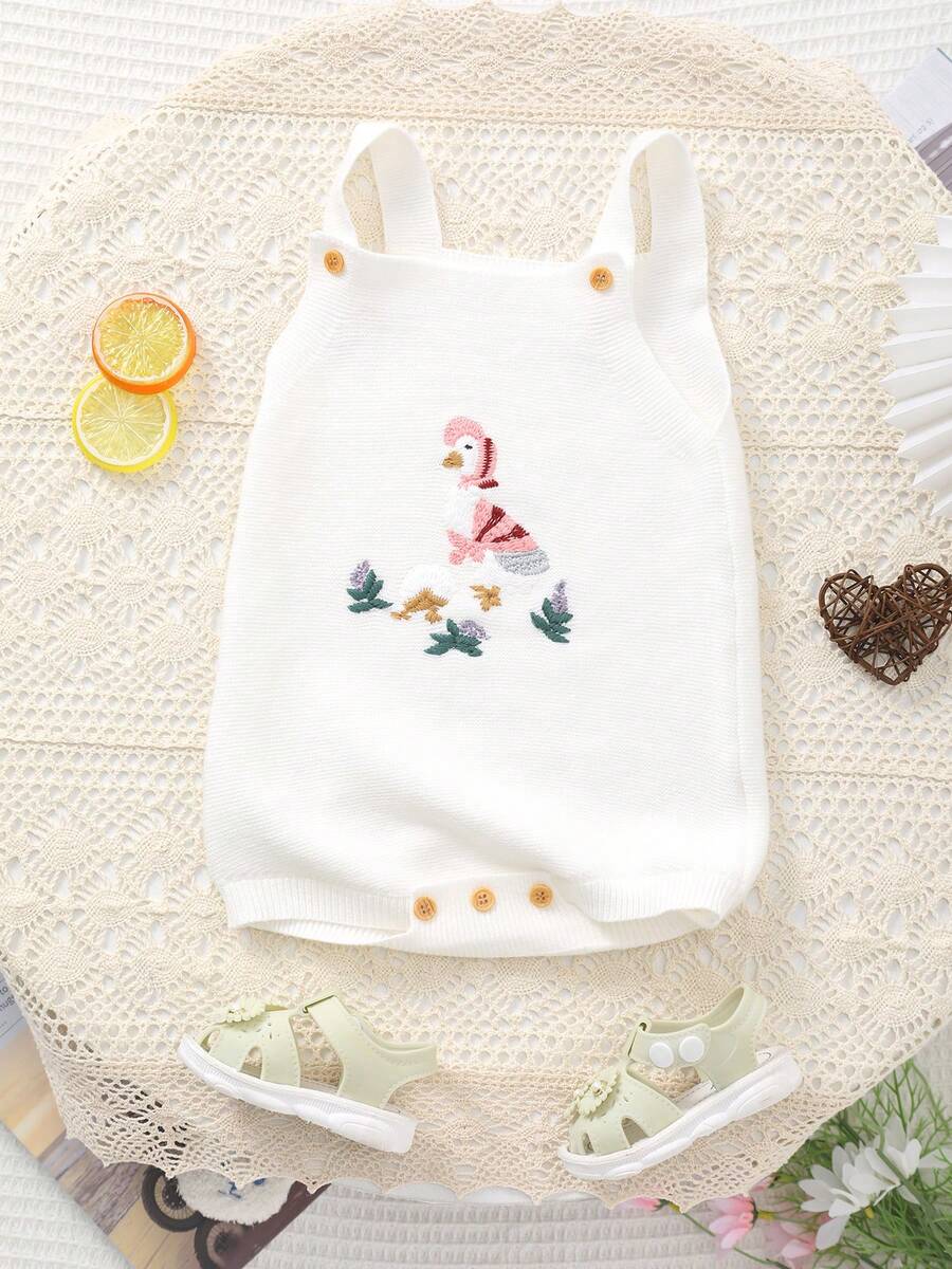 Mono de punto con bordado de pato lindo, versátil para el hogar o salidas, unisex para bebé - Blanco - Ver 1