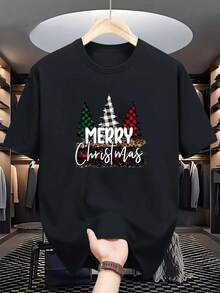 Camiseta Casual de Navidad para Hombre, Cuello Redondo de Poliéster, Manga Corta con Estampado de Árbol de Navidad, Camiseta de Tejido de Verano de Ajuste Regular, Moda de Uso Diario - Negro - Ver 1