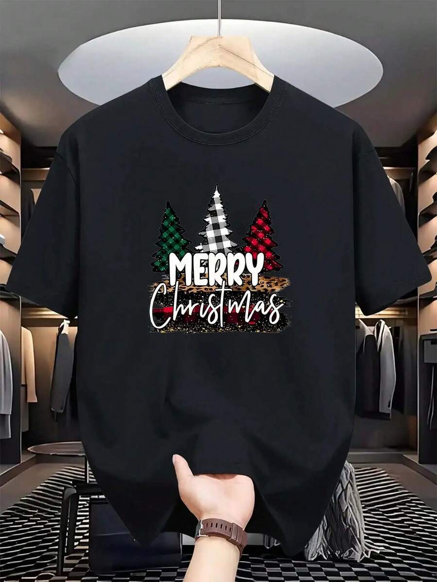 Camiseta Casual de Navidad para Hombre, Cuello Redondo de Poliéster, Manga Corta con Estampado de Árbol de Navidad, Camiseta de Tejido de Verano de Ajuste Regular, Moda de Uso Diario - Negro - Ver 1