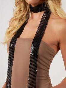 1pc Women Fully Rhinestone Starry Shiny Sexy Aluminum Mesh Sequin Scarf, Silver/Gold Fashion Girl Party, Evening, Dance, Nightclub Necklace Jewelry, Gala Model Halloween Party Costume For Dress - Silver - View 10