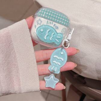 Plaid 3D Fish + Pendant Suitable For Huawei SE2/SE3/7i/Pro5 New FreeClip2 Earphone Case, FreeBuds 5i/6i Protective Case Soft Shell Cute Girl Style For Freebuds Pro3/Pro4/FREEARC Wireless Bluetooth Earphone Case With Creative + Pendant