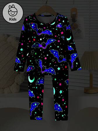 2 件女童荧光蝙蝠和月亮印花睡衣套装，可爱圆领长袖 T 恤和长裤家居服套装，2025 年新款
