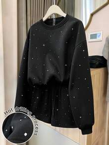 Hessen Plus Size Women's Fashion Elegant Knit Casual Daily Wear Loose Sweatsuit Set, Luxury Rhinestone Embellished Round Neck Long Sleeve Sweatshirt And Shorts, Women 2 Piece Set, Suitable For Party, Gathering, Travel, Holiday Gift, Graduation Outfit - Black - View 1