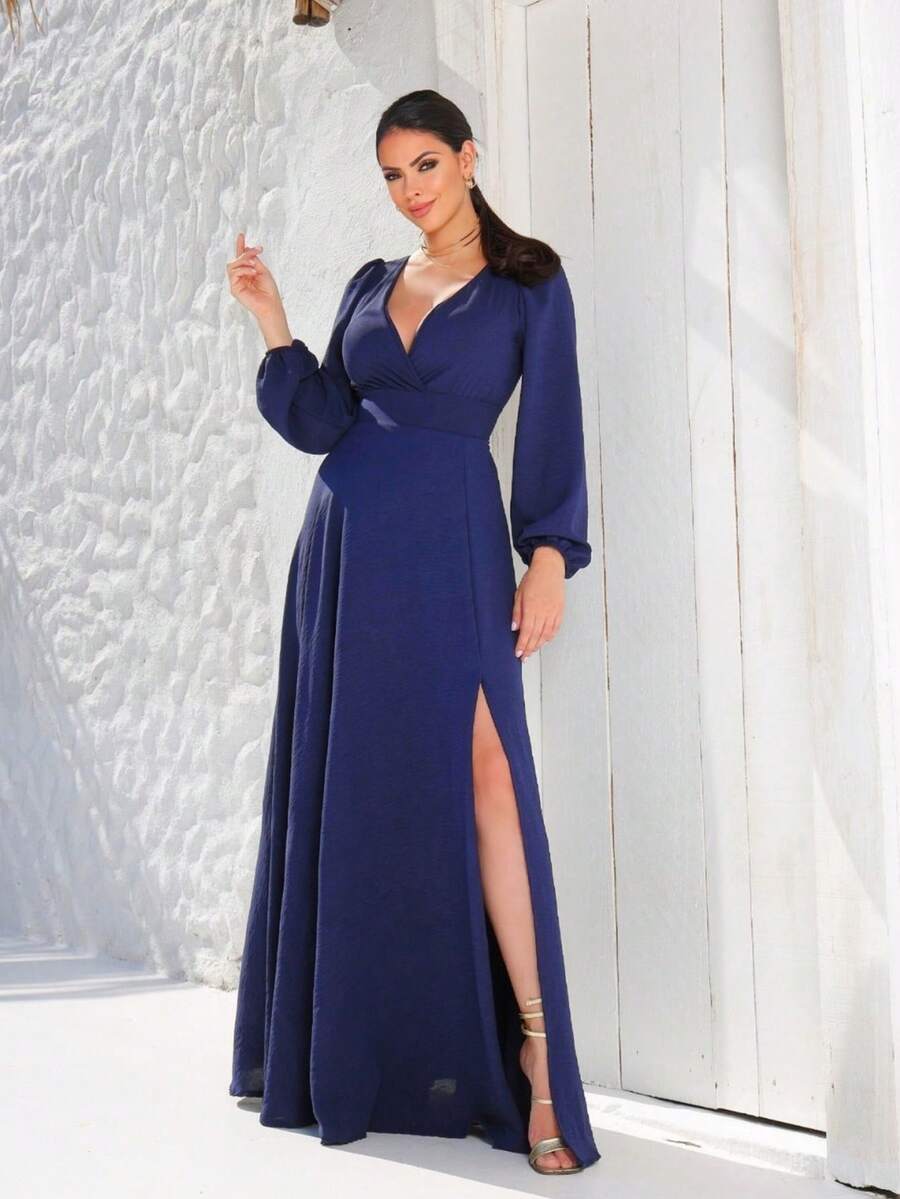 Long V-Neck Dress Lavana Helena NM Nana Marie Simple Elegant Party Fabric Fits Well At The Waist Party Party Wedding Graduation Party Formal & Evening Wedding Guest Prom Graduation Season - 藏蓝色 - 查看 1
