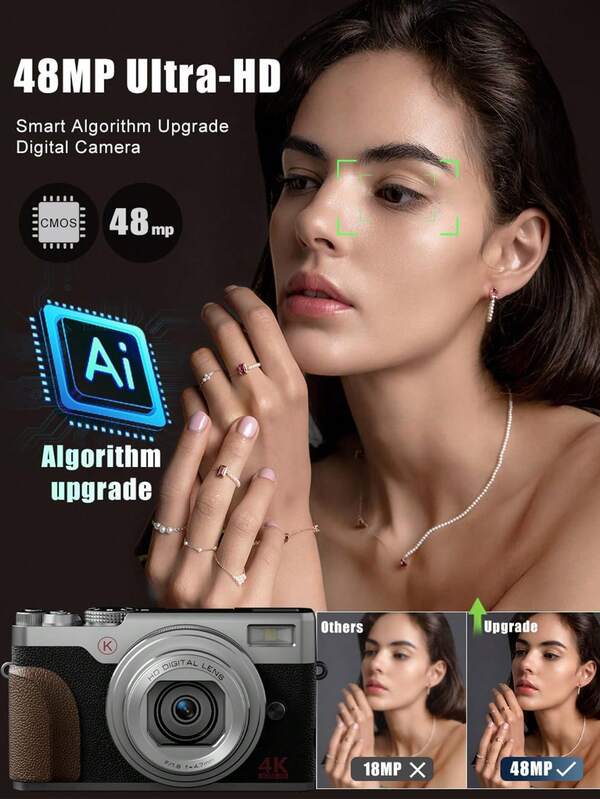  Câmera digital NBD Silver, câmeras de 56 MP para fotografia, câmera de vlog 4K, câmera digital compacta com tela flip de 180° e zoom de 16x, para iniciantes com cartão SD de 32 GB