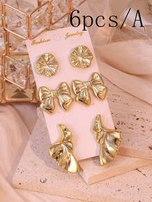 6/12pcs Fashion New ABS Plastic 5-Petal Flower, Bowknot, Multi-Shape Earring & Stud Set, Suitable For Women Daily Wear - Gold - View 10