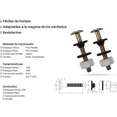 Tornillos tanque/taza de acero tropicalizado P-B2045 Tornillos metálicos para tanque o taza de 2.3 x 6.7 cm dorado Coflex son de larga duración y muy fáciles de instalar otorgando gran sujeción entre el tanque de agua y el escusado sin generar fugas. Son adaptables a la mayoría de los sanitarios.
