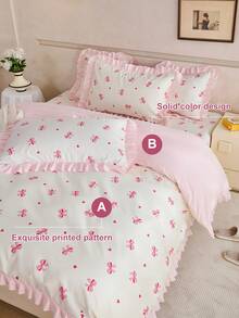 HONEYMOON 2/3pcs Bowknot Print Ruffle Duvet Cover Set (2pcs = 1 Duvet Cover + 1 Pillowcase; 3pcs = 1 Duvet Cover + 2 Pillowcases) - 100% Polyester Fabric, INS Style Print, Soft And Breathable, Wrinkle-Resistant, Machine Washable, Pillowcases Do Not Include Pillow Inserts (No Duvet) - T F Q K Sizes Suitable For Home And School Dorms, Back To School Essential, Oeko-Tex Certified - Multicolor - View 8