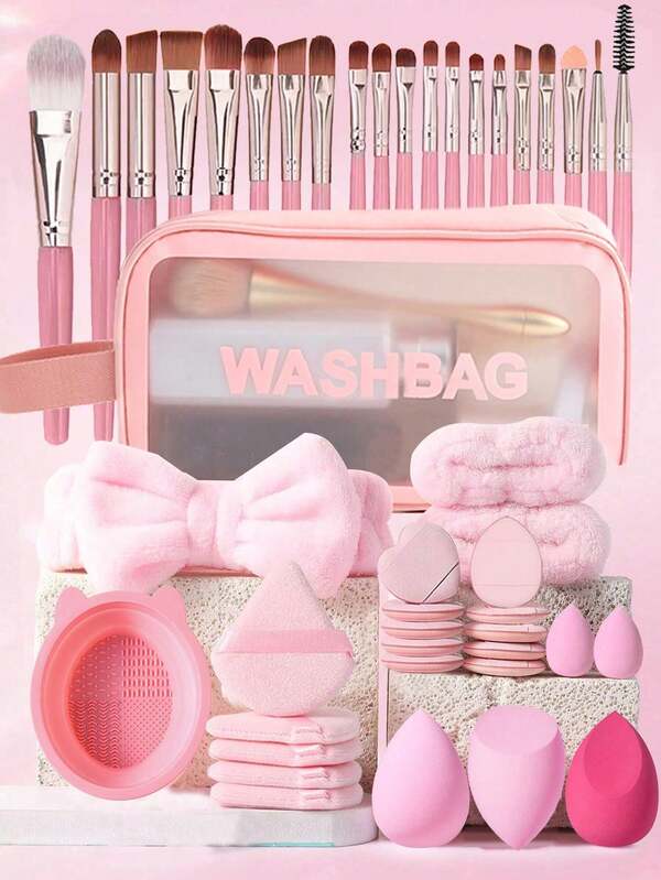 45pcs Makeup Brush Set,Makeup Tool Set : Includes 20pcs Makeup Brushes - Foundation Brush, Powder Brush, Eyebrow Brush, Blush Brush, Highlighter Brush, Eye Shadow Brush, Eyelash Brush, Eyeliner Brush, Contour Brush, Detail Brush, Nose Shadow Brush, Face Brush + 1 Makeup Bag + 3 Makeup Sponges + 5 Powder Puffs + 10 Fingertip Powder Puffs + 3 Mini Makeup Sponges + 1 Brush Cleaning Tray, Suitable For All Skin Types, Essential Travel Makeup Set