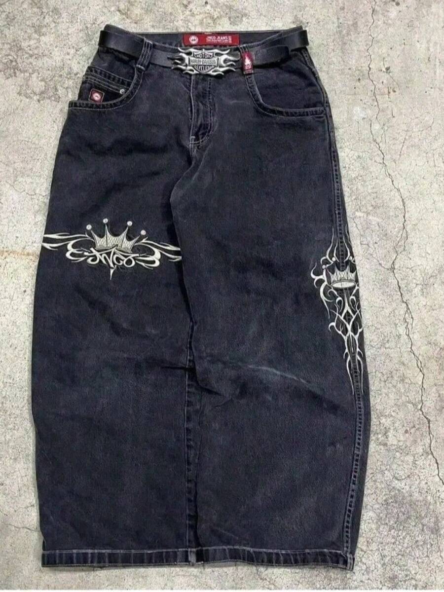 JNCO Y2K Loose Jeans Men's Vintage Embroidery Hip Hop Street Harajuku Men's Wide Leg Pants Casual - màu đen - Xem 1